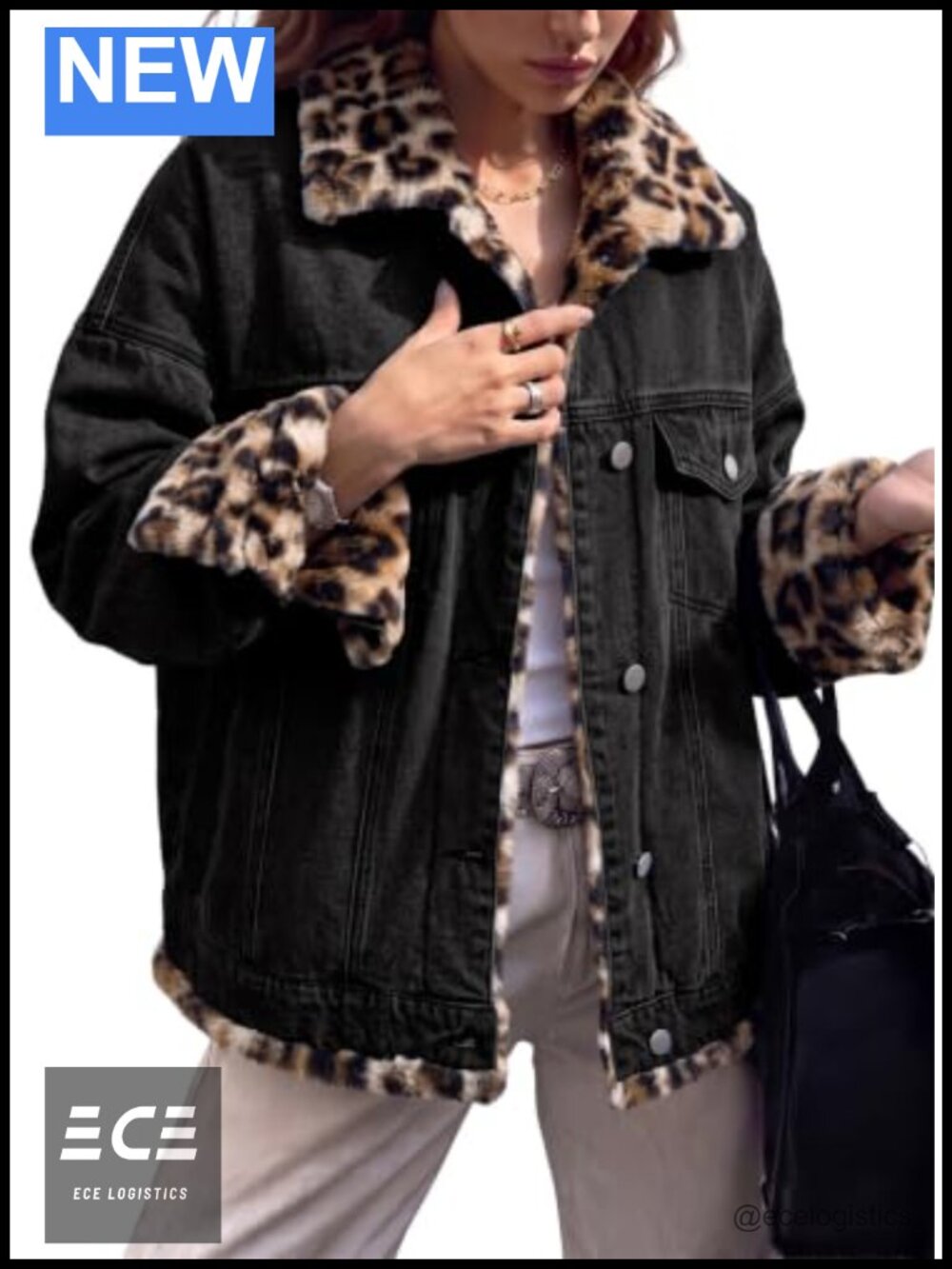 Dokotoo Leopard Sherpa Fleece Reversible Oversized Jean Jacket